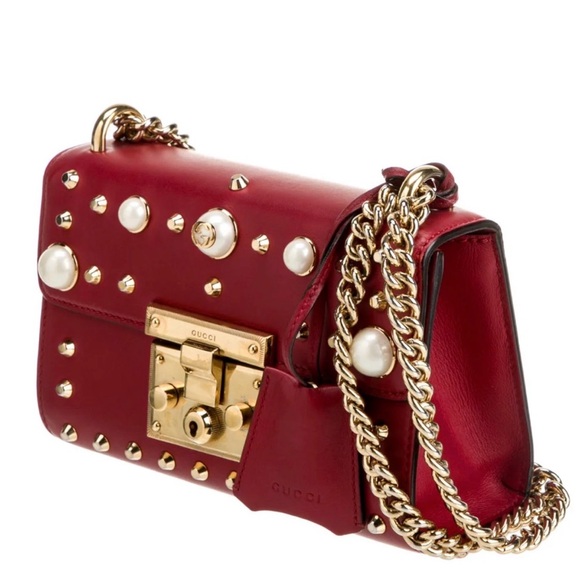 Gucci♥️ Red padlock Leather Pearl & Gold Stud Chain Crossbody Bag - Picture 5 of 11